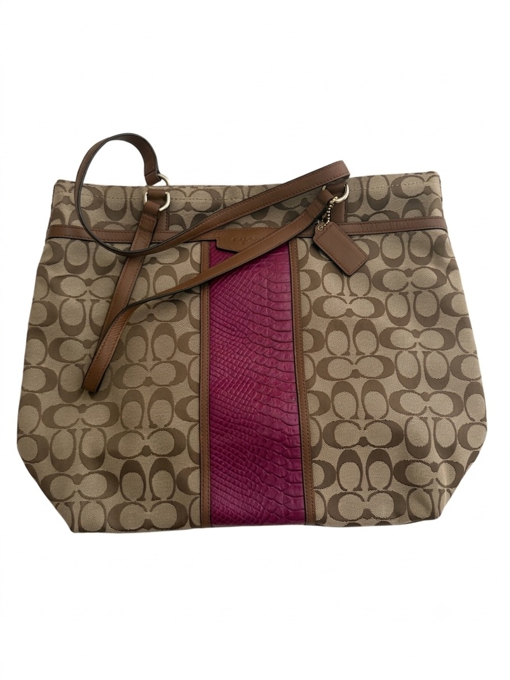 Coach Tan Signature Canvas Tote with Magenta Center Stripe